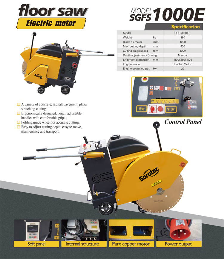 Sierra de piso con motor eléctrico con máquina cortadora de hormigón con disco de diamante de 1000 mm de diámetro (1)